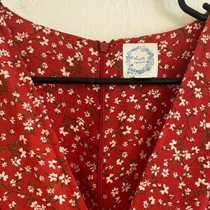 Blue Rain Red Dress with White Floral Pattern